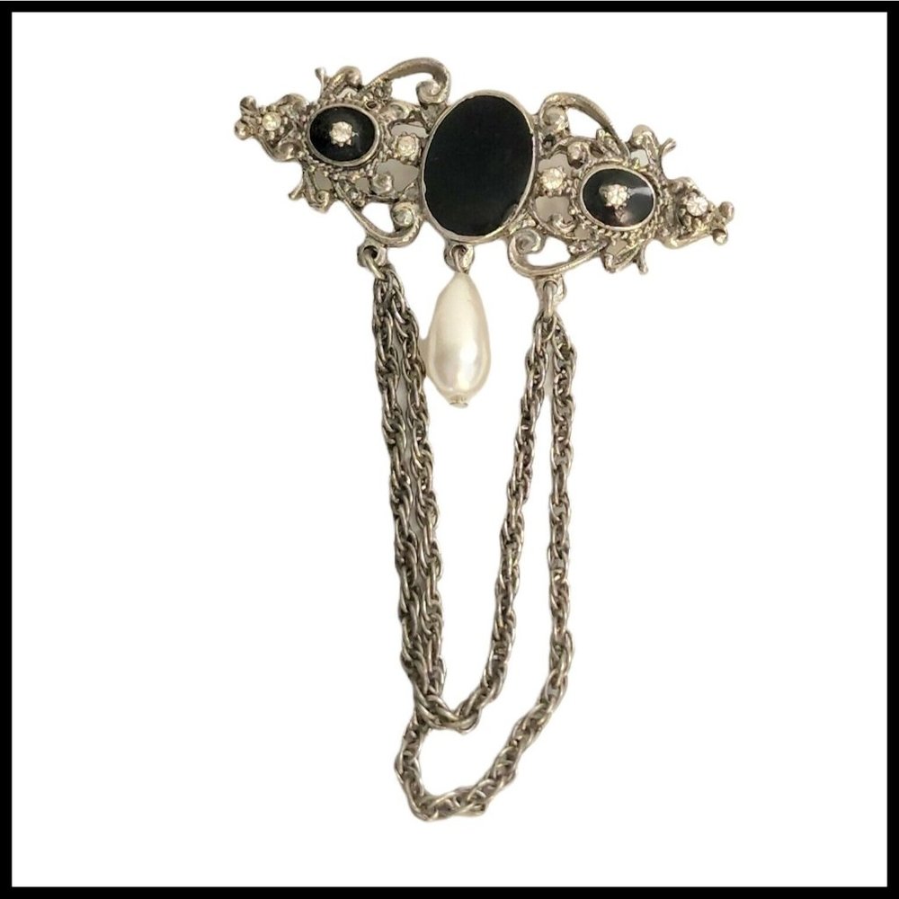 Vintage Florenza Silver Tone Chain Faux Pearl‎ Drop Enamel Rhinestone Brooch
